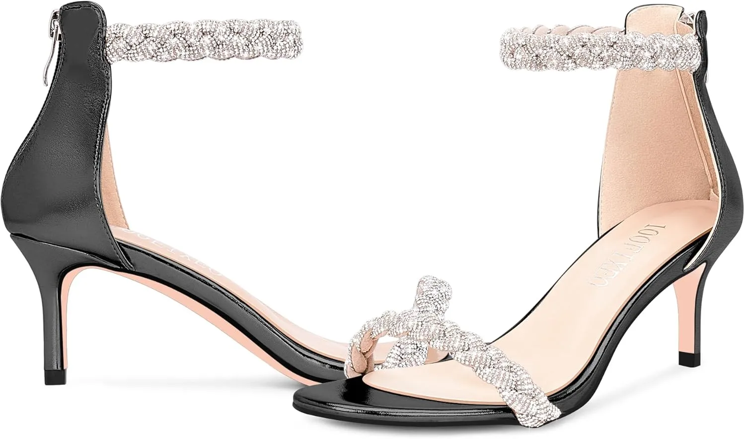 100FIXEO Women's Rhinestone Low Stiletto Heels Ankle Strap Open Toe Heeled Sandals Wedding Dress Shoes