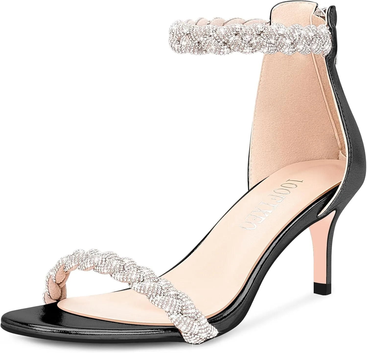 100FIXEO Women's Rhinestone Low Stiletto Heels Ankle Strap Open Toe Heeled Sandals Wedding Dress Shoes