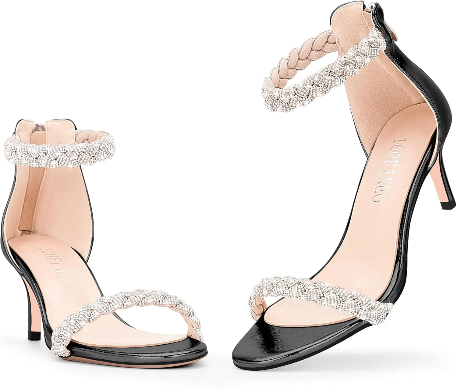 100FIXEO Women's Rhinestone Low Stiletto Heels Ankle Strap Open Toe Heeled Sandals Wedding Dress Shoes