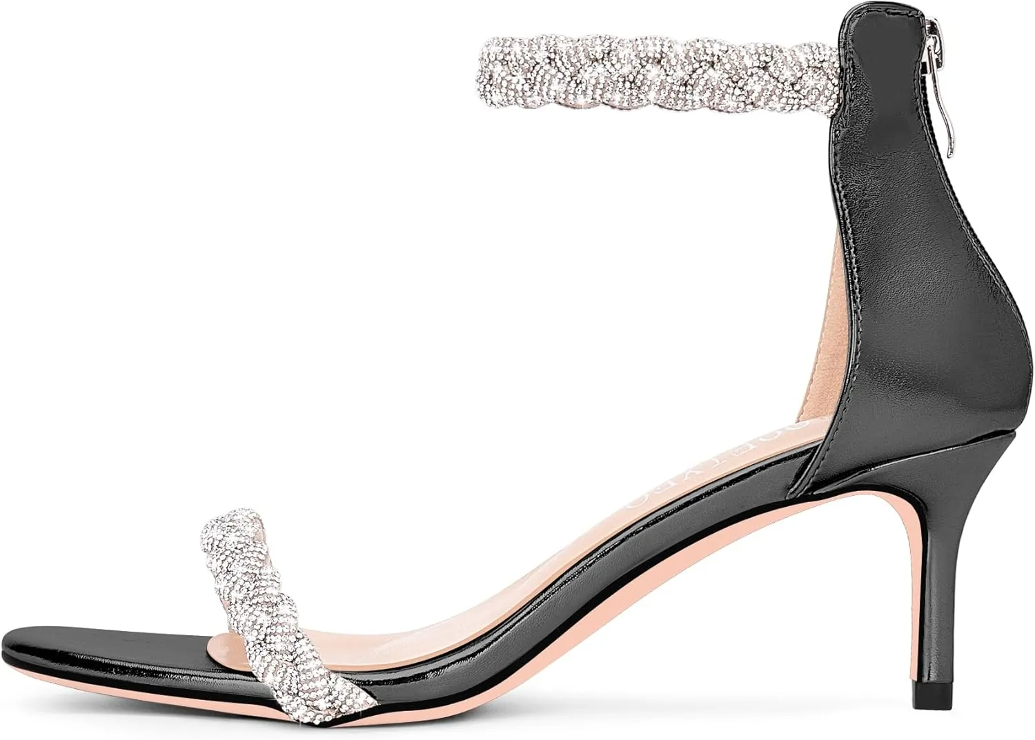 100FIXEO Women's Rhinestone Low Stiletto Heels Ankle Strap Open Toe Heeled Sandals Wedding Dress Shoes