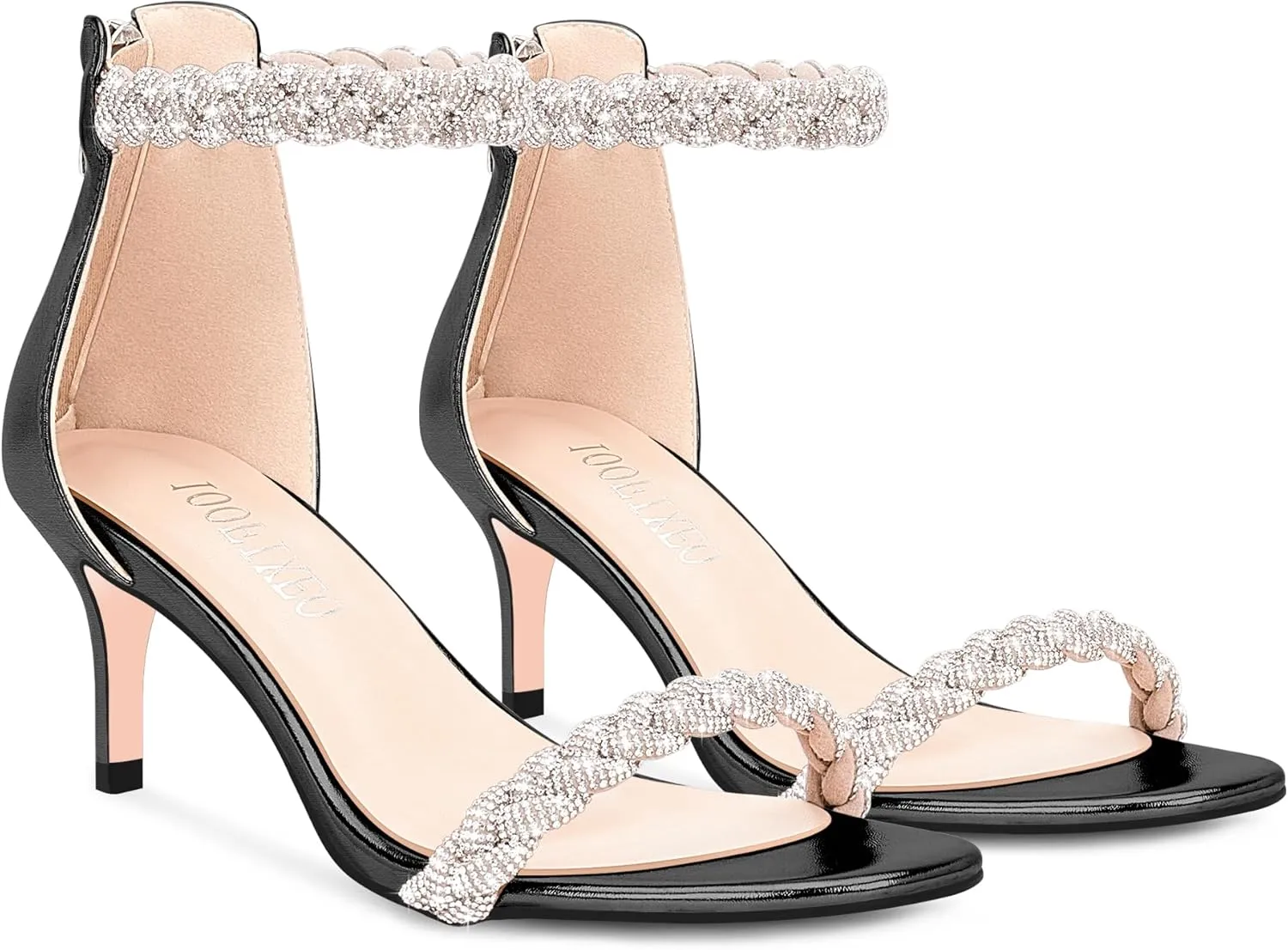 100FIXEO Women's Rhinestone Low Stiletto Heels Ankle Strap Open Toe Heeled Sandals Wedding Dress Shoes