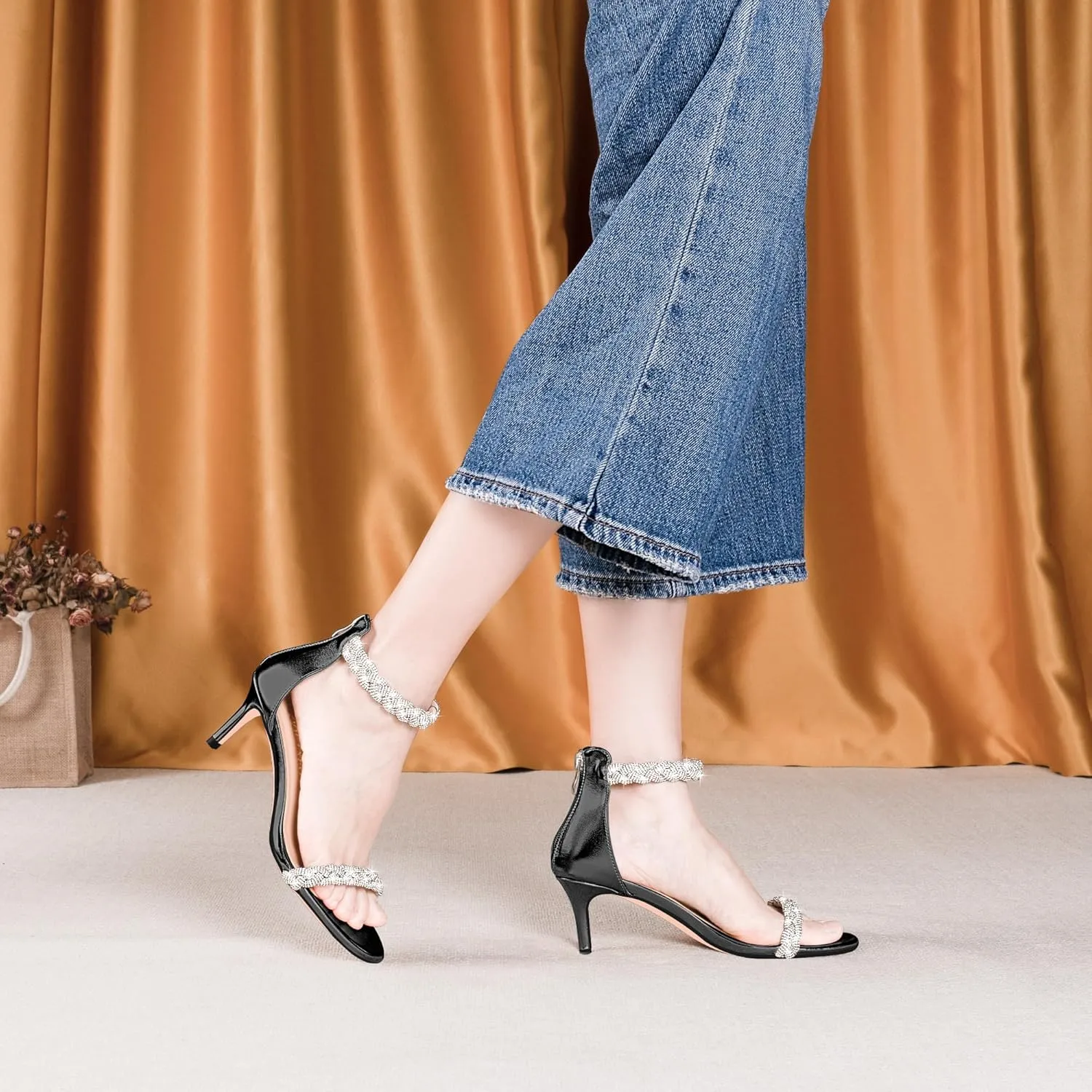 100FIXEO Women's Rhinestone Low Stiletto Heels Ankle Strap Open Toe Heeled Sandals Wedding Dress Shoes
