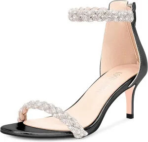 100FIXEO Women's Rhinestone Low Stiletto Heels Ankle Strap Open Toe Heeled Sandals Wedding Dress Shoes