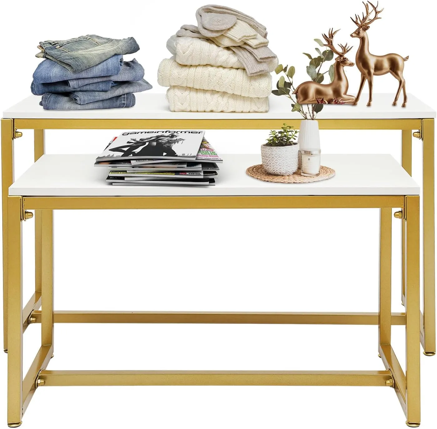 2PCS Gold Nesting Tables, Display Tables for Retail Stores, Heavy Duty Retail Display Table, Each Load Capacity 110lbs, Metal Shoe Handbag Display Stand for Boutiques, Stores