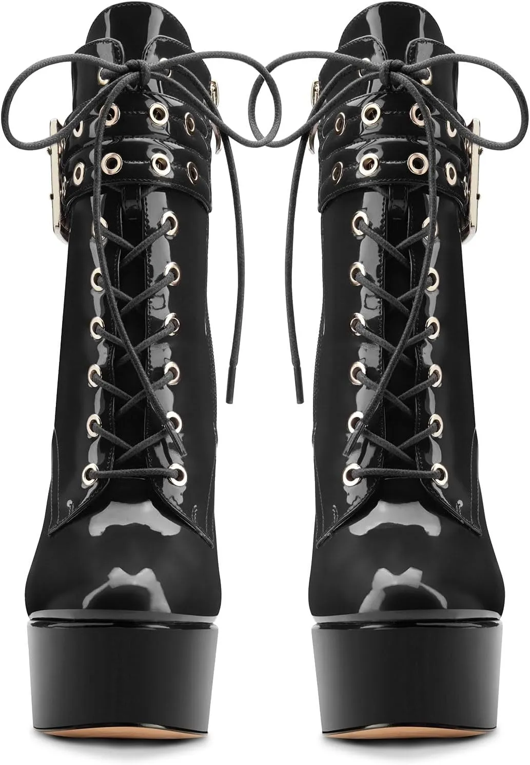 Aachcol Womens Stiletto High Heel Platform Ankle Boots Round Toe Lace-up Zipper Mid Calf Buckle Patent Leather Dress Booties