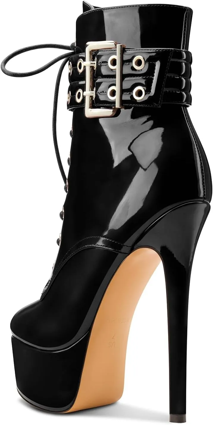 Aachcol Womens Stiletto High Heel Platform Ankle Boots Round Toe Lace-up Zipper Mid Calf Buckle Patent Leather Dress Booties