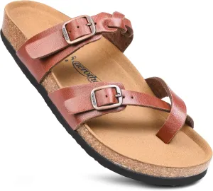 AEROTHOTIC Womens Strappy Slip-On Modern Memory Foam Cushion Footbed Outdoor Adjustable Buckle Cork Footbed Slides for Sandals with Comfortable Arch Support