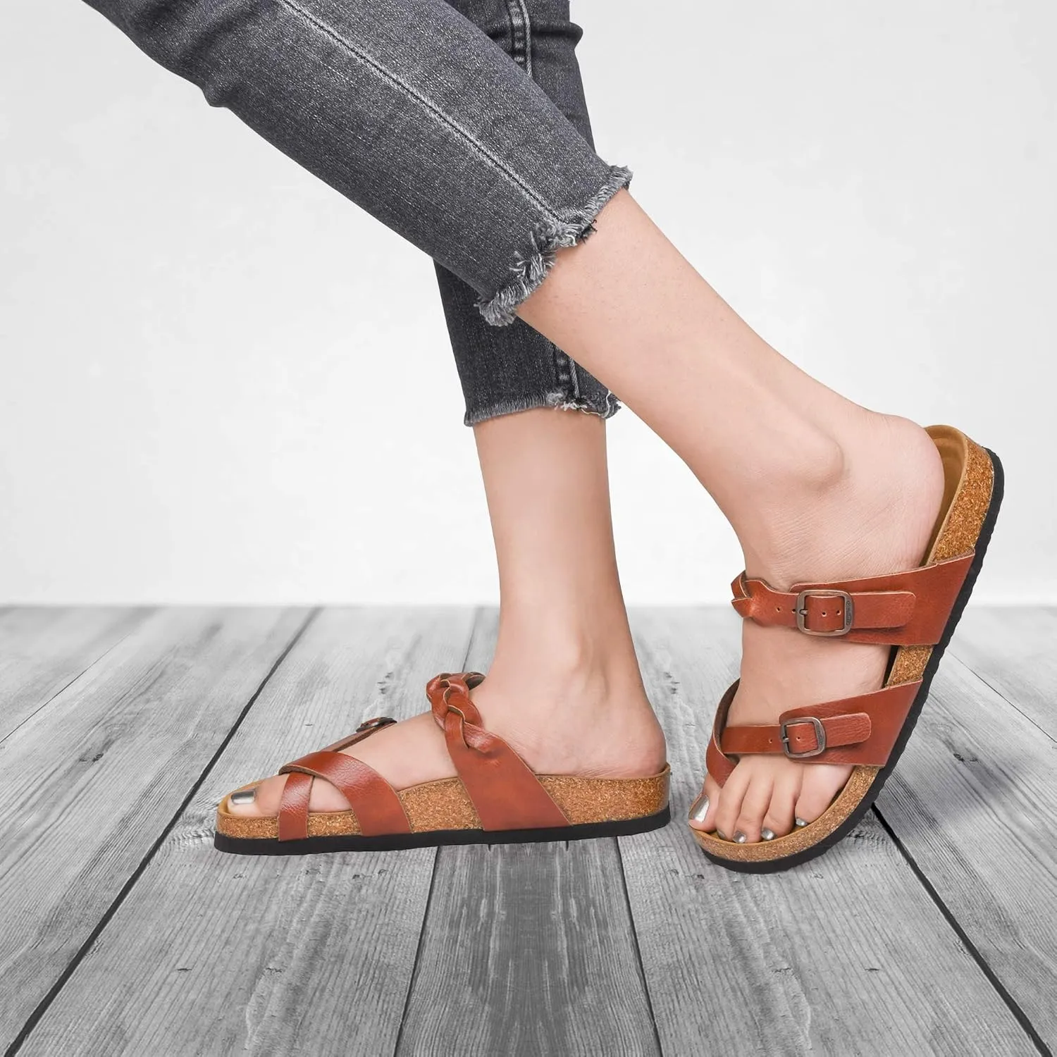 AEROTHOTIC Womens Strappy Slip-On Modern Memory Foam Cushion Footbed Outdoor Adjustable Buckle Cork Footbed Slides for Sandals with Comfortable Arch Support