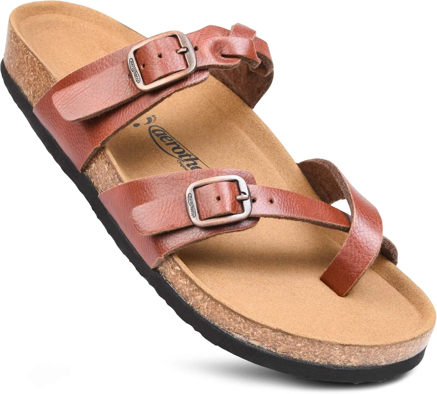 AEROTHOTIC Womens Strappy Slip-On Modern Memory Foam Cushion Footbed Outdoor Adjustable Buckle Cork Footbed Slides for Sandals with Comfortable Arch Support