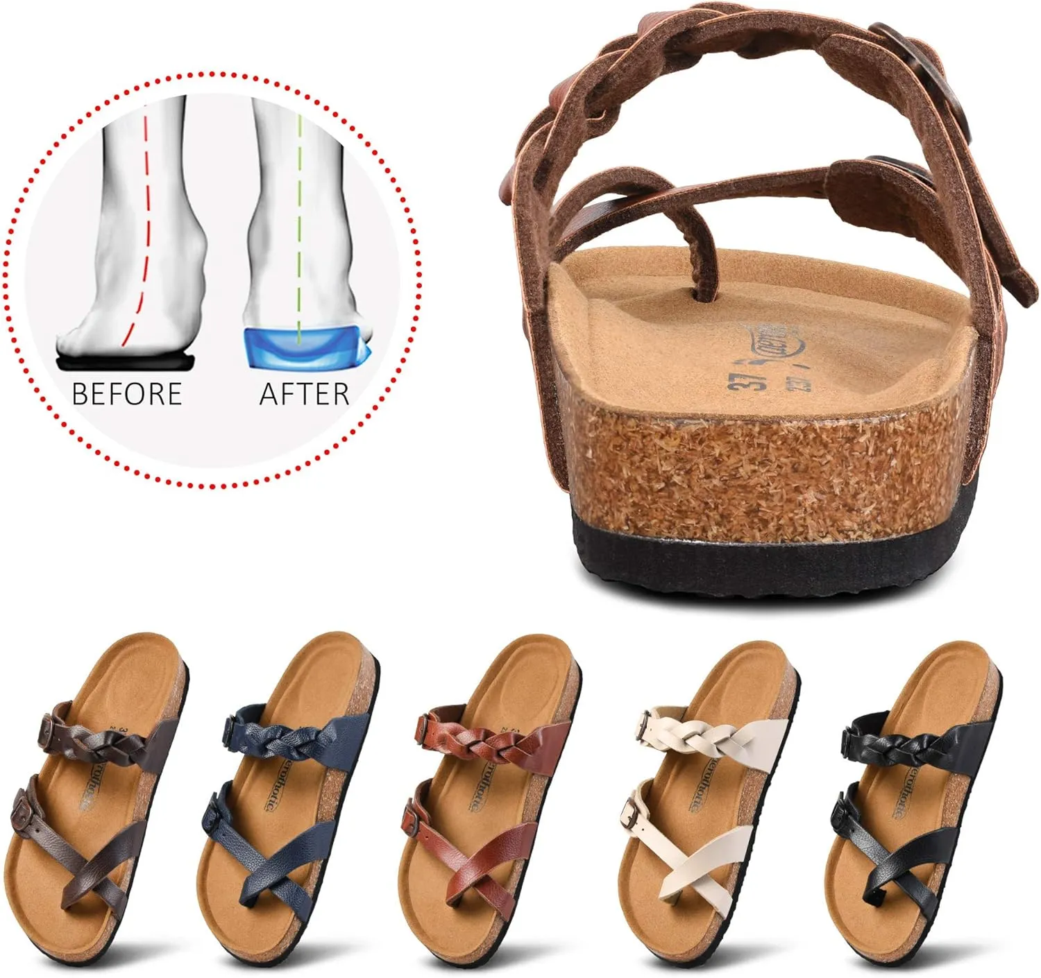 AEROTHOTIC Womens Strappy Slip-On Modern Memory Foam Cushion Footbed Outdoor Adjustable Buckle Cork Footbed Slides for Sandals with Comfortable Arch Support