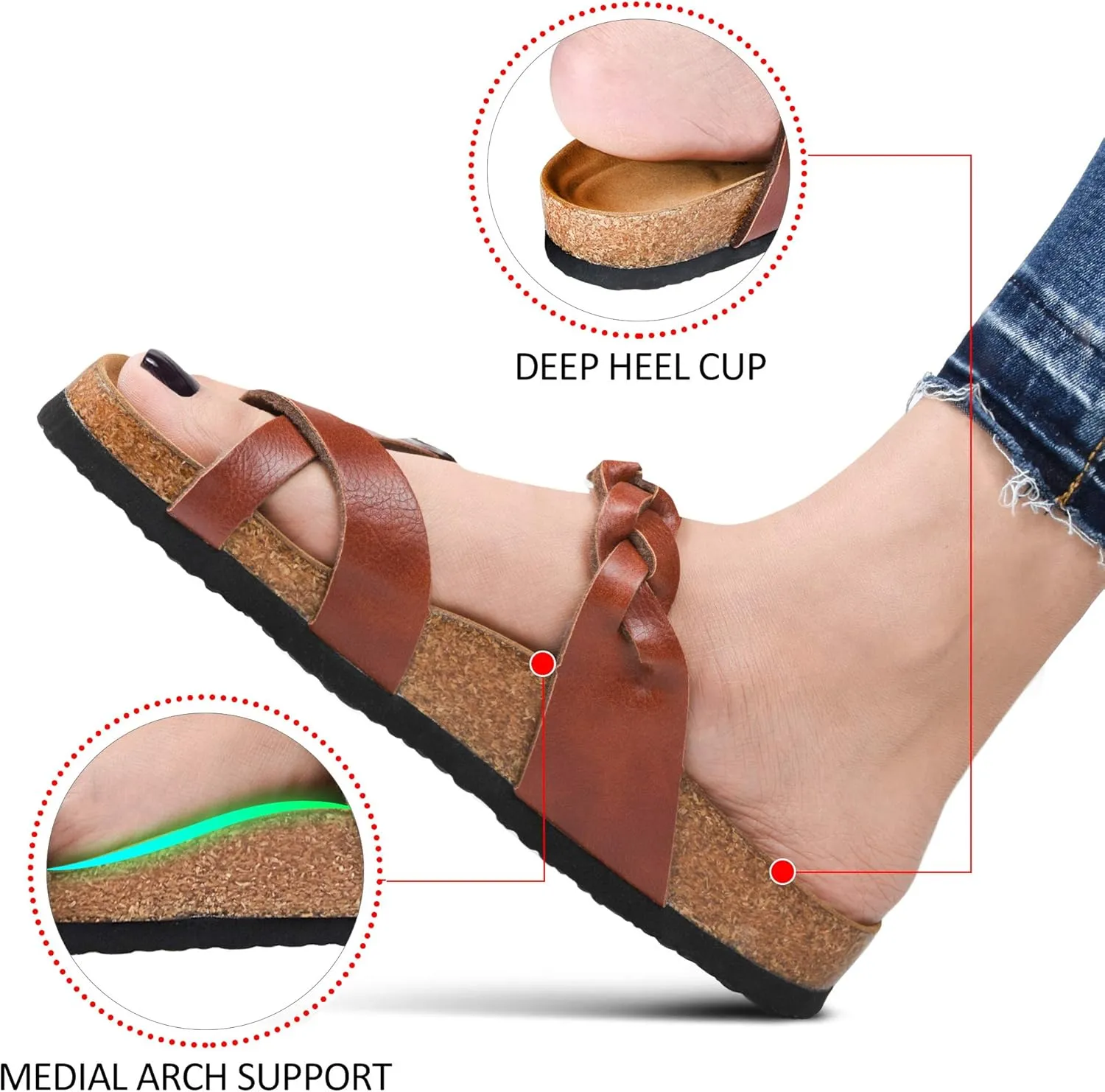 AEROTHOTIC Womens Strappy Slip-On Modern Memory Foam Cushion Footbed Outdoor Adjustable Buckle Cork Footbed Slides for Sandals with Comfortable Arch Support