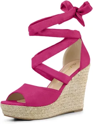 Allegra K Women's Lace Up Espadrilles Platform Wedges Hot Pink Sandals 10 M US