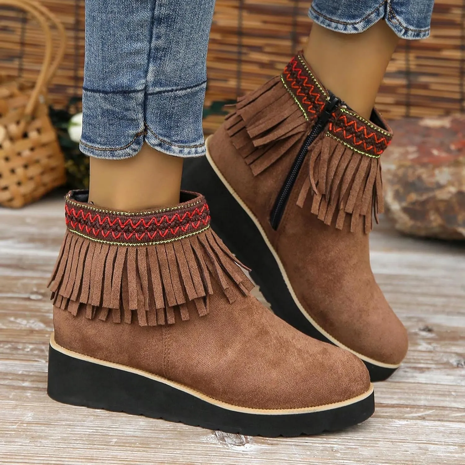 Ankle Boots for Women Comfortable Women Boots Ankle Boots Suede Frosted Tassel Soft Sole Thick Wedge Heel Ankle Boots