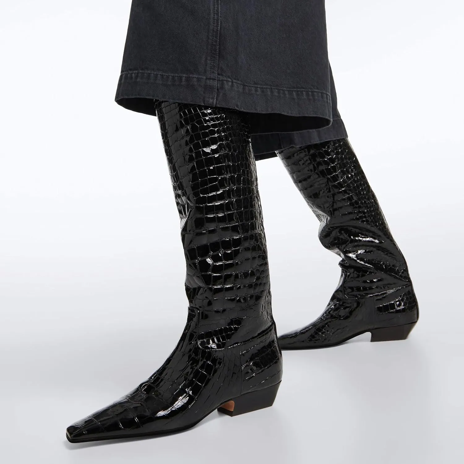 anteikira Women's Fashion Chunky Heel Square Toe Knee High Boots Crocodile Closed Toe Tall Boots Pull On Long Boot for Women Size 5.5-12US