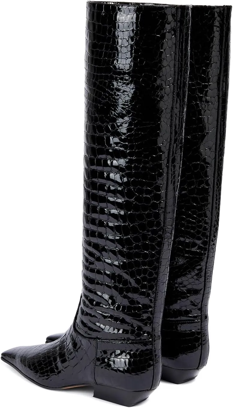 anteikira Women's Fashion Chunky Heel Square Toe Knee High Boots Crocodile Closed Toe Tall Boots Pull On Long Boot for Women Size 5.5-12US