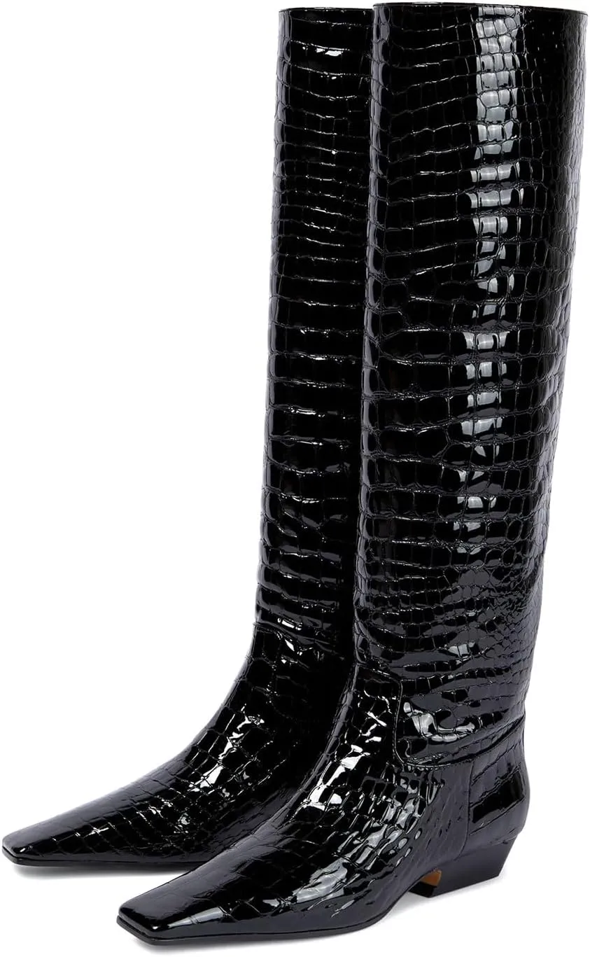 anteikira Women's Fashion Chunky Heel Square Toe Knee High Boots Crocodile Closed Toe Tall Boots Pull On Long Boot for Women Size 5.5-12US