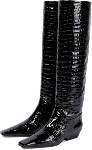 anteikira Women's Fashion Chunky Heel Square Toe Knee High Boots Crocodile Closed Toe Tall Boots Pull On Long Boot for Women Size 5.5-12US