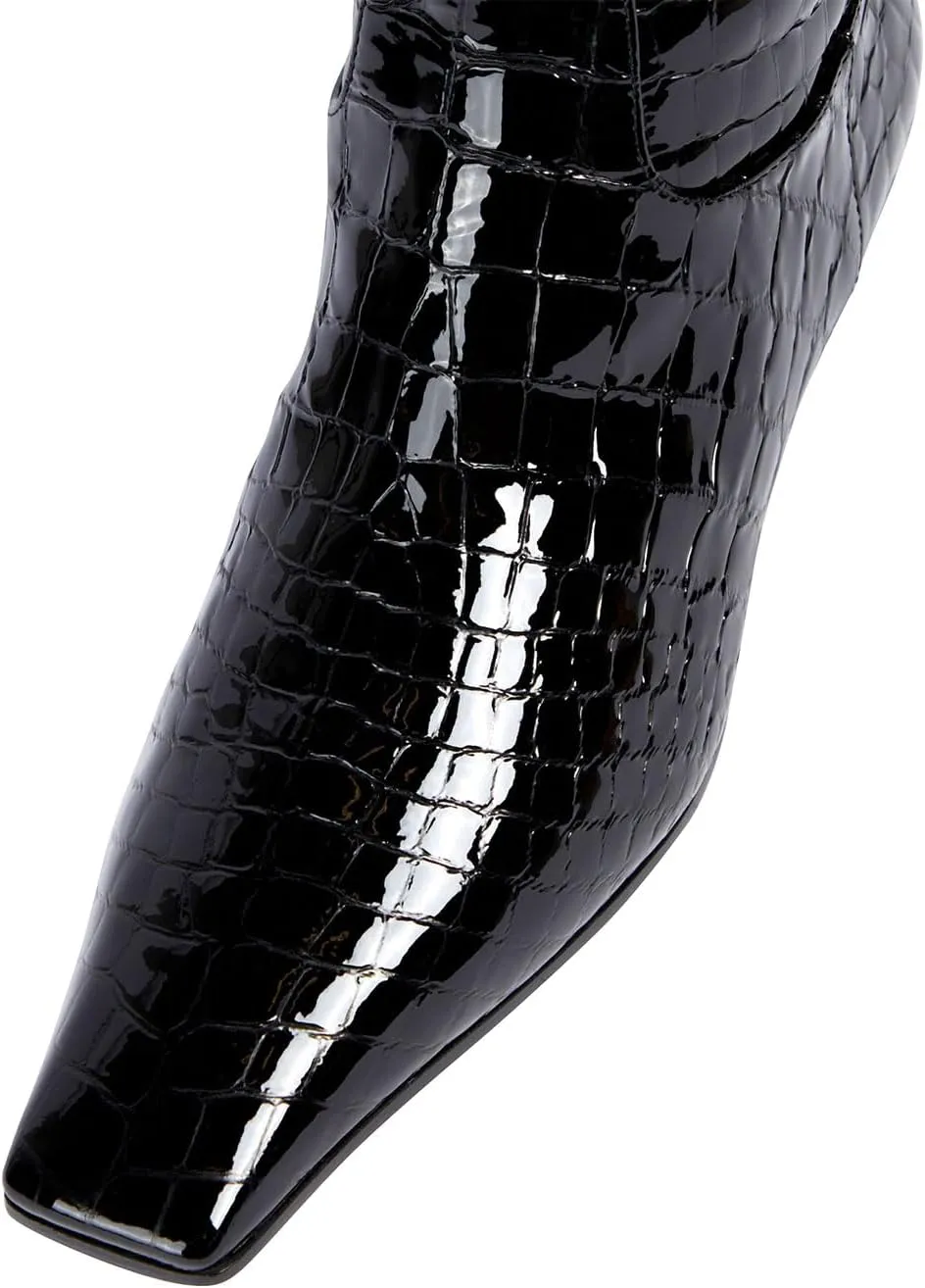 anteikira Women's Fashion Chunky Heel Square Toe Knee High Boots Crocodile Closed Toe Tall Boots Pull On Long Boot for Women Size 5.5-12US