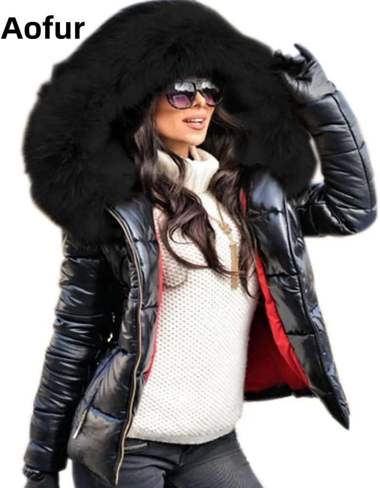 Aofur Womens Ladies Quilted Winter Coat Fur Collar Hooded Down Jacket Parka Outerwear