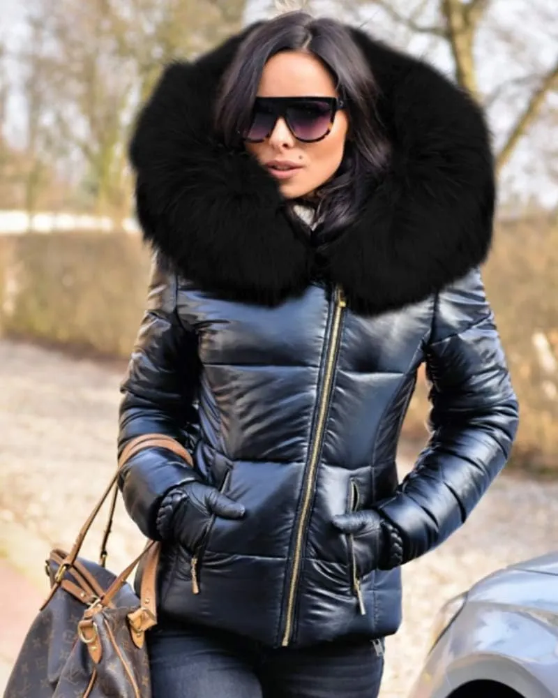 Aofur Womens Ladies Quilted Winter Coat Fur Collar Hooded Down Jacket Parka Outerwear