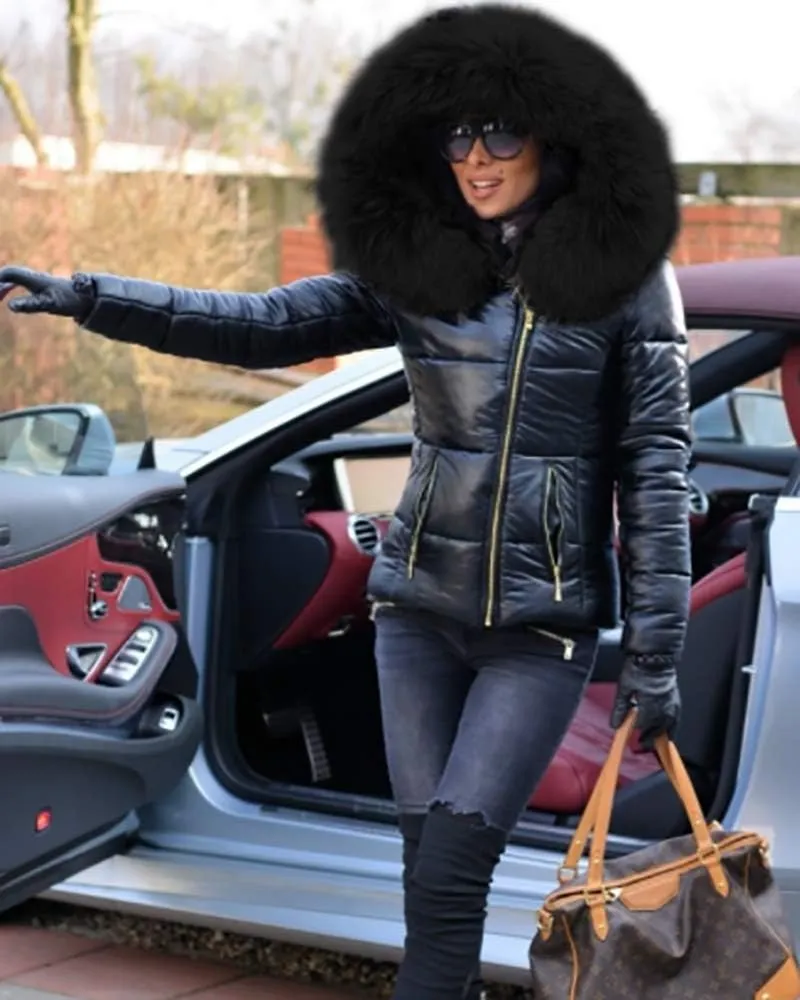 Aofur Womens Ladies Quilted Winter Coat Fur Collar Hooded Down Jacket Parka Outerwear