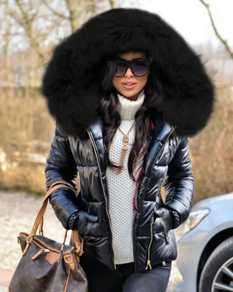 Aofur Womens Ladies Quilted Winter Coat Fur Collar Hooded Down Jacket Parka Outerwear
