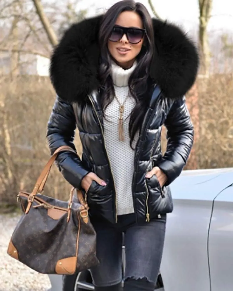 Aofur Womens Ladies Quilted Winter Coat Fur Collar Hooded Down Jacket Parka Outerwear