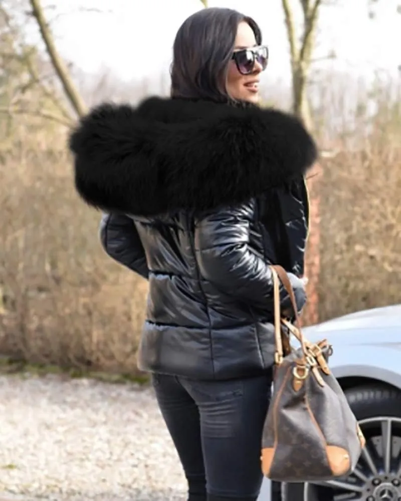 Aofur Womens Ladies Quilted Winter Coat Fur Collar Hooded Down Jacket Parka Outerwear