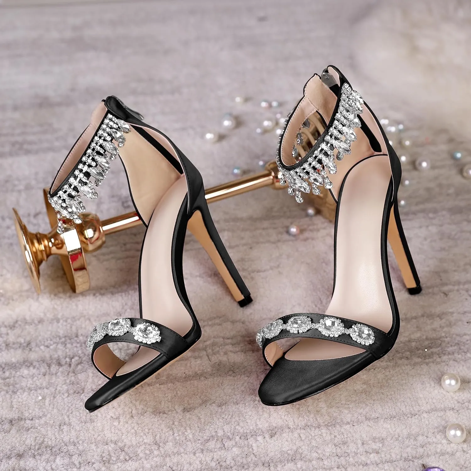 AUMOTED Women's High Heels Open Toe Pumps Stiletto Heeled Sandals Dating Beaded Pumps with Pearl Ankle Buckle Strap Bride Wedding Party Shoes 4.3 Inch