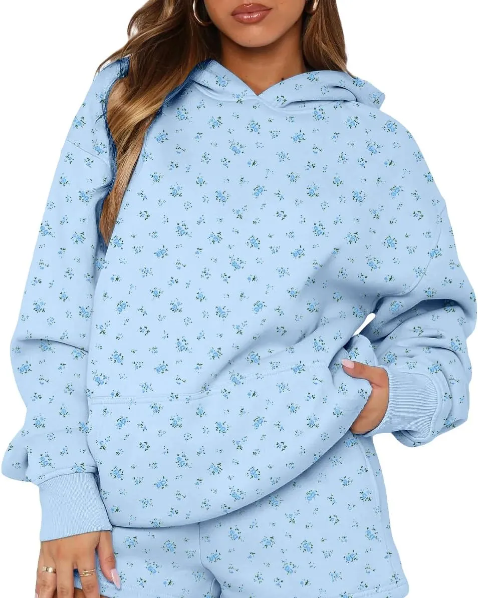 BAIGRAM Women Oversized Ditsy Floral Fleece Hoodies Snowflake Print Hooded Sweatshirt 2025 Y2K Aesthetic Fall Pullover