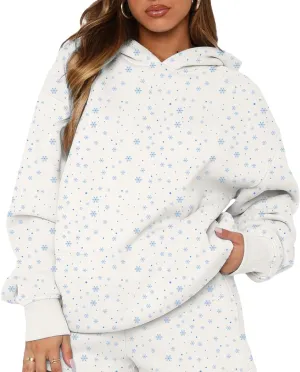 BAIGRAM Women Oversized Ditsy Floral Fleece Hoodies Snowflake Print Hooded Sweatshirt 2025 Y2K Aesthetic Fall Pullover