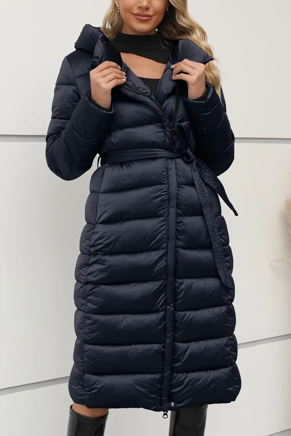 Bellivera Women's Puffer Jacket Lightweight Quilted Hooded Long Down Alternative Coat with Belt