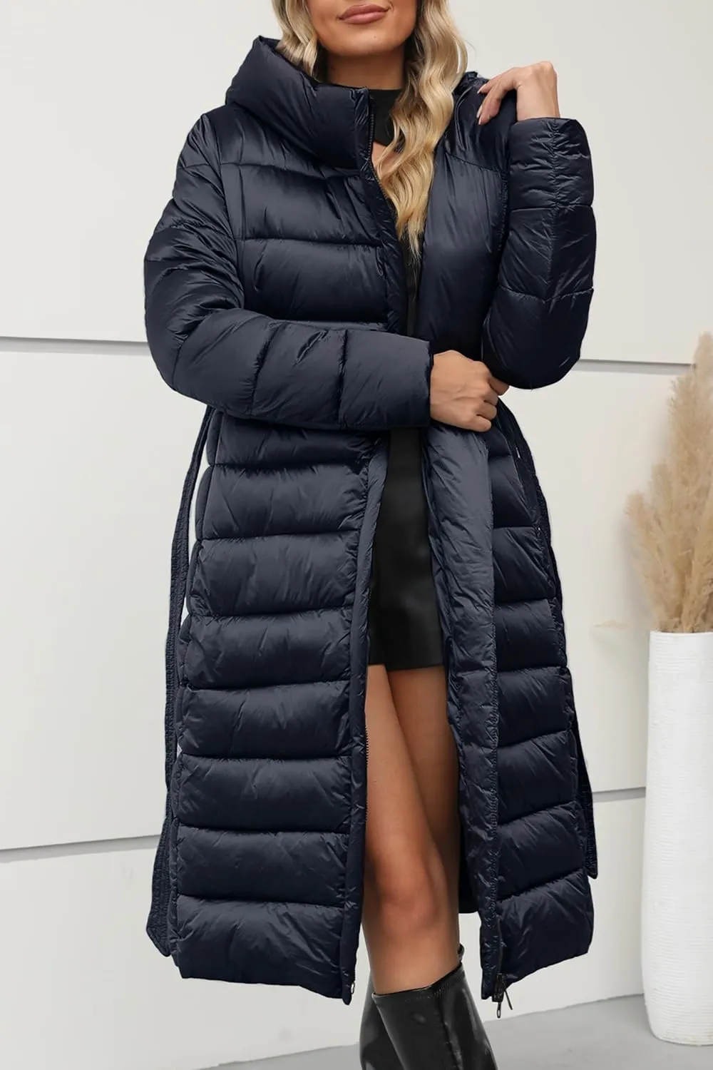 Bellivera Women's Puffer Jacket Lightweight Quilted Hooded Long Down Alternative Coat with Belt