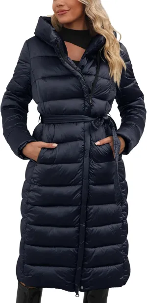 Bellivera Women's Puffer Jacket Lightweight Quilted Hooded Long Down Alternative Coat with Belt