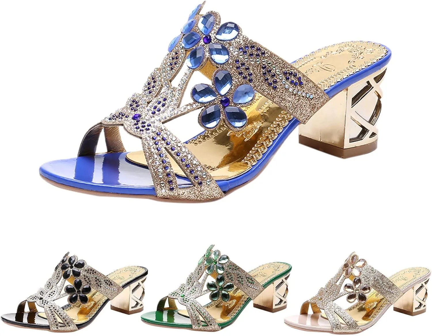 Block Heels for Women Open Toe Mid Heel Sandals Wedding Rhinestone Flower Sandal Summer Block Mid Heels Shoes 2025