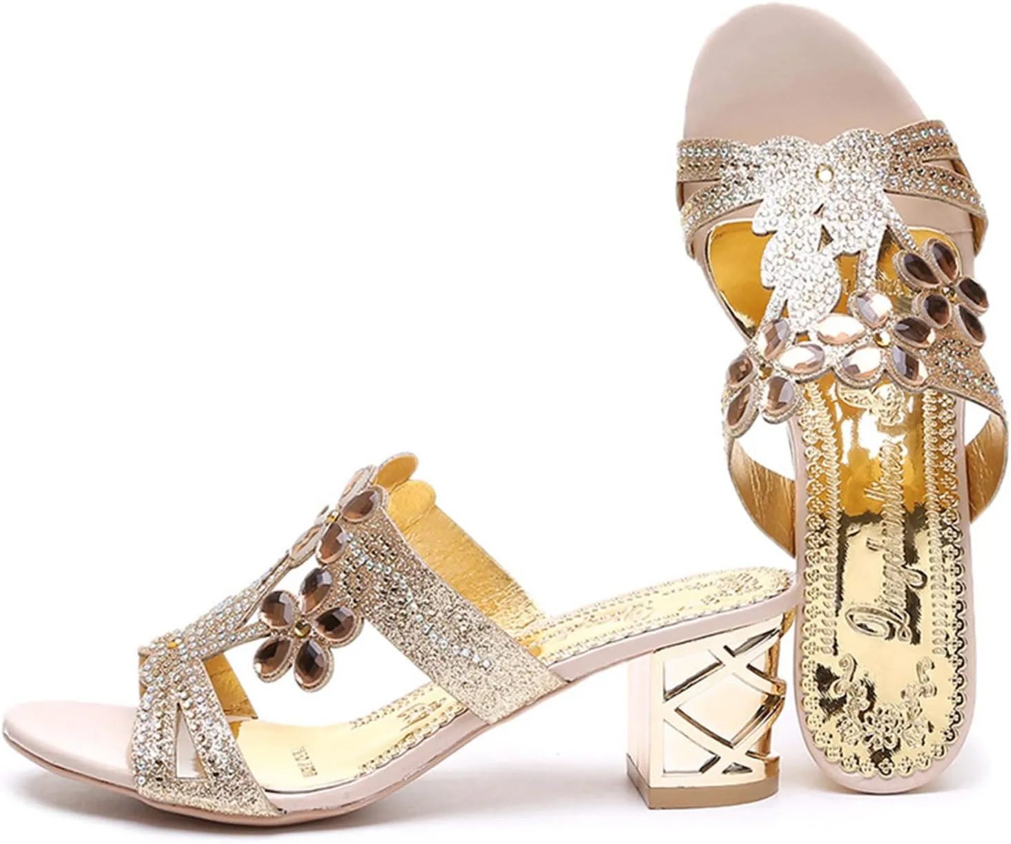 Block Heels for Women Open Toe Mid Heel Sandals Wedding Rhinestone Flower Sandal Summer Block Mid Heels Shoes 2025