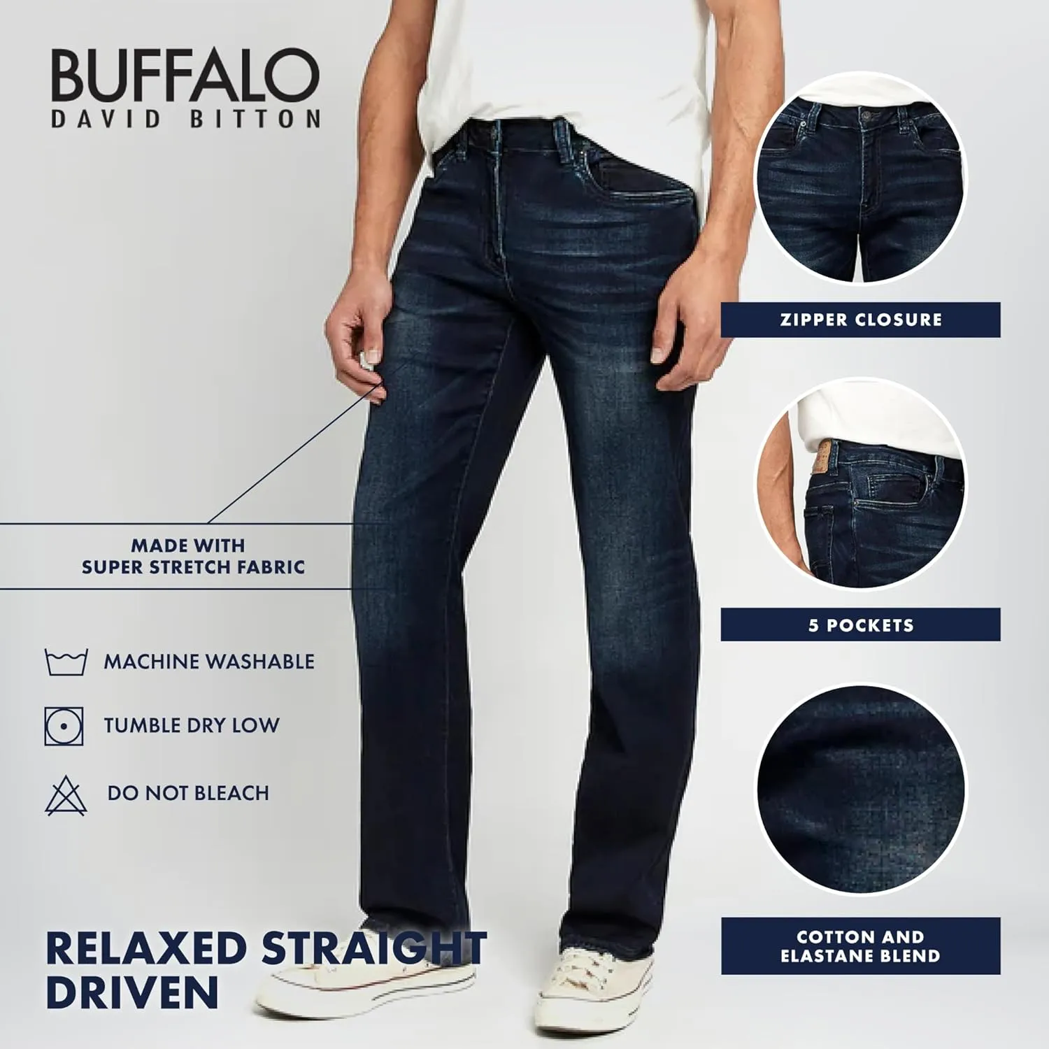 Buffalo David Bitton Men's Relaxed Straight Leg Driven Jean with Stretch Fabric