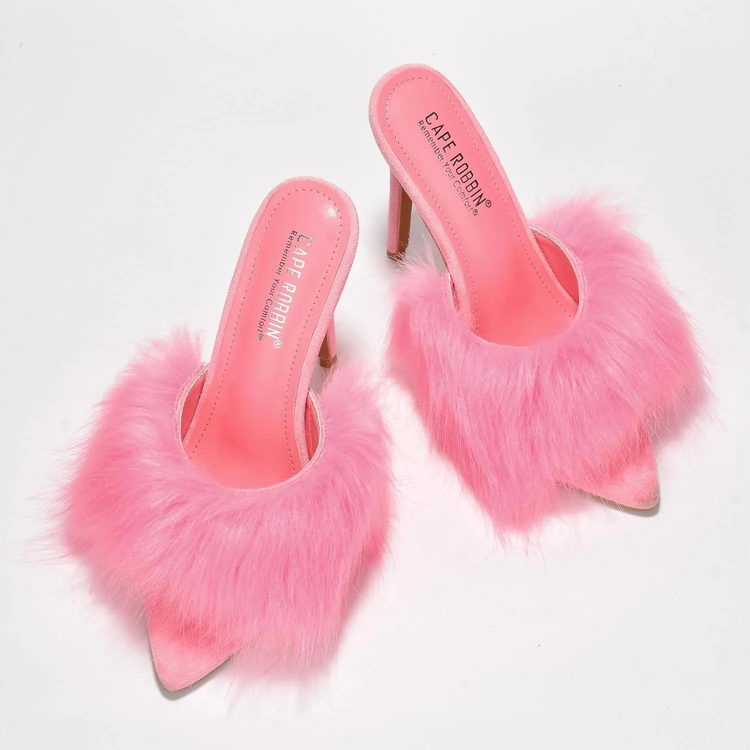 Cape Robbin Fuji Faux Fur Open Pointy Toe Stiletto Mule Heel Sandal-Open Peep Toe Slip on Stiletto High Heels Sandals for women