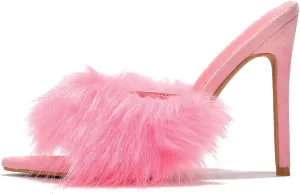 Cape Robbin Fuji Faux Fur Open Pointy Toe Stiletto Mule Heel Sandal-Open Peep Toe Slip on Stiletto High Heels Sandals for women