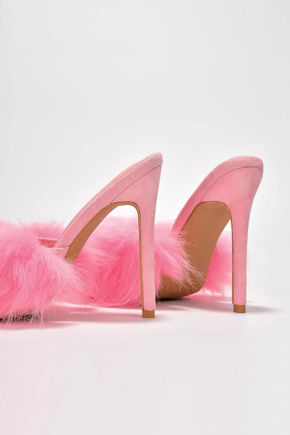 Cape Robbin Fuji Faux Fur Open Pointy Toe Stiletto Mule Heel Sandal-Open Peep Toe Slip on Stiletto High Heels Sandals for women