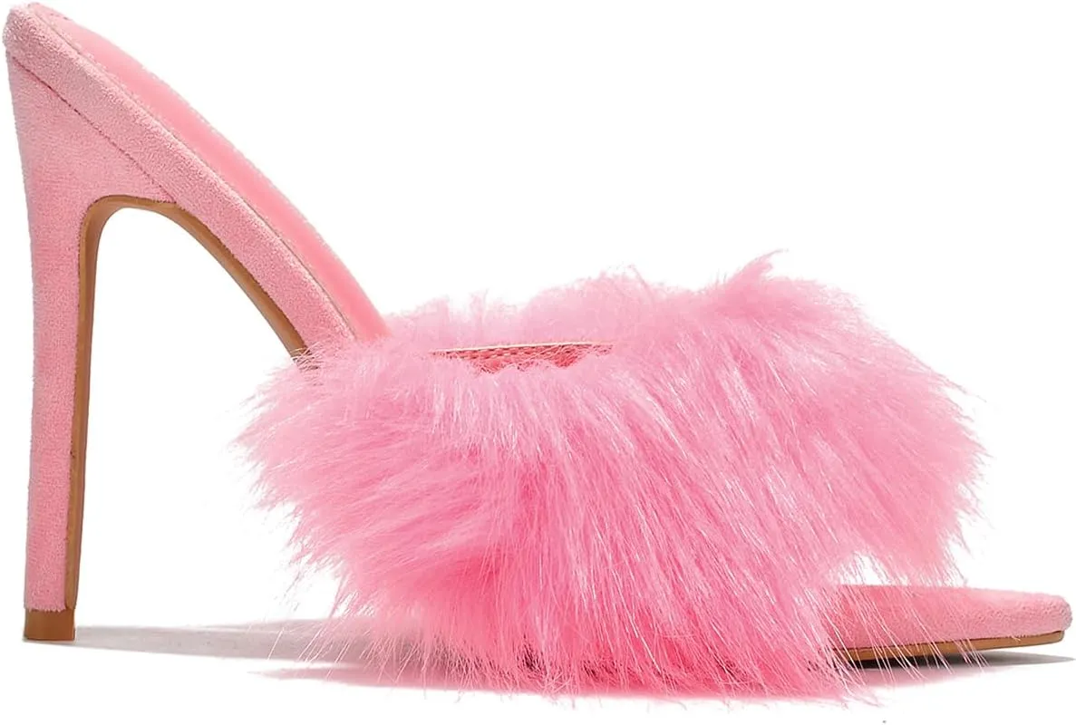 Cape Robbin Fuji Faux Fur Open Pointy Toe Stiletto Mule Heel Sandal-Open Peep Toe Slip on Stiletto High Heels Sandals for women