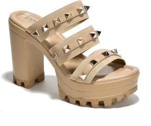 Cape Robbin Women's Spiky Platform Sandals - Slip-On Chunky Heels with Silver Stud Straps (Tinley) - Nude Size 8