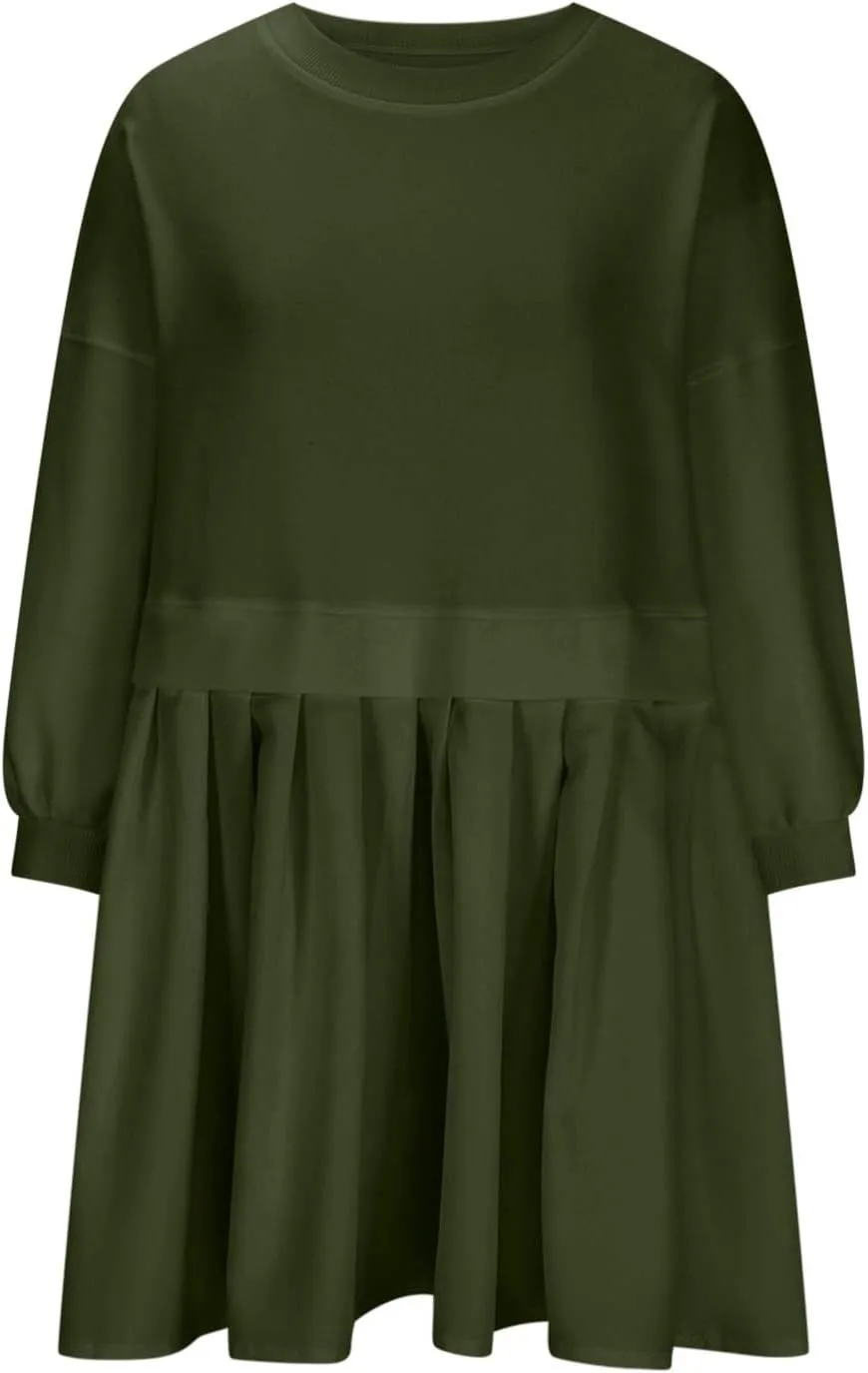 Casual Dresses for Women Plus Size Fall Fashion Long Sleeve Crewneck Patchwork Sweatshirt Dress Sweet Cute Pullover