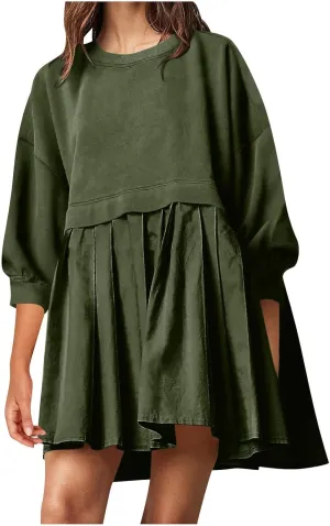 Casual Dresses for Women Plus Size Fall Fashion Long Sleeve Crewneck Patchwork Sweatshirt Dress Sweet Cute Pullover