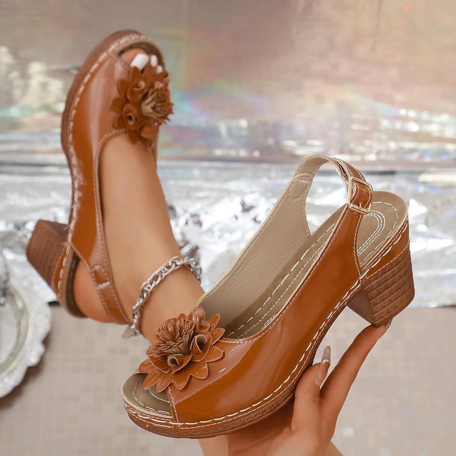 Chunky Sandals for Women Comfortable Dressy Peep Toe Slingback Adjustable Back Strap Wedge Sandal with Flower Fishmouth Comfy Low Block Chunky Heels Sandals Walking Beach Wedding Work Sandal