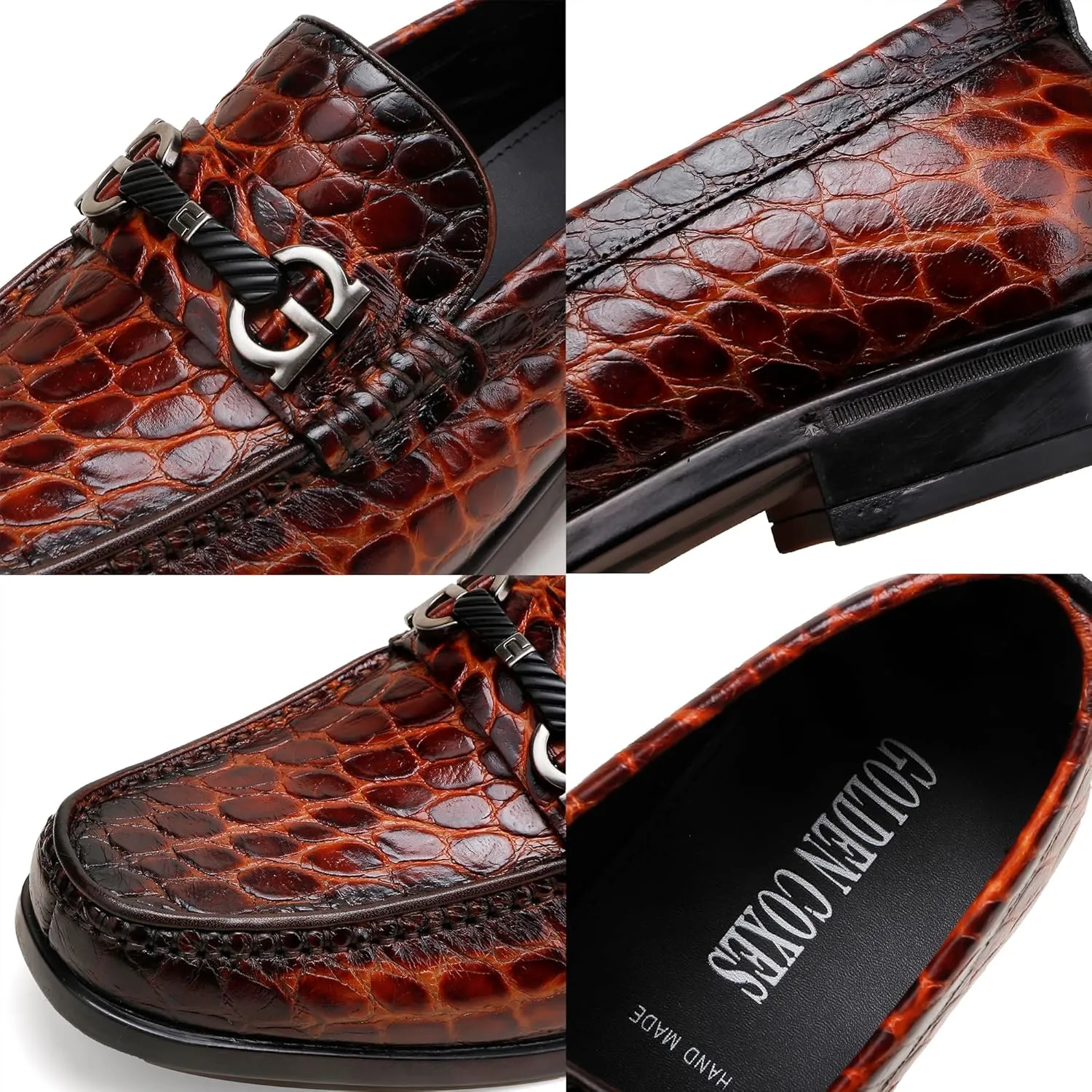 Classic Mens Leather Dress Shoes, Premium Fashion Alligator Printed Business Dress Shoes Moc-Toe Buckle Wedding Party Loafers for Men