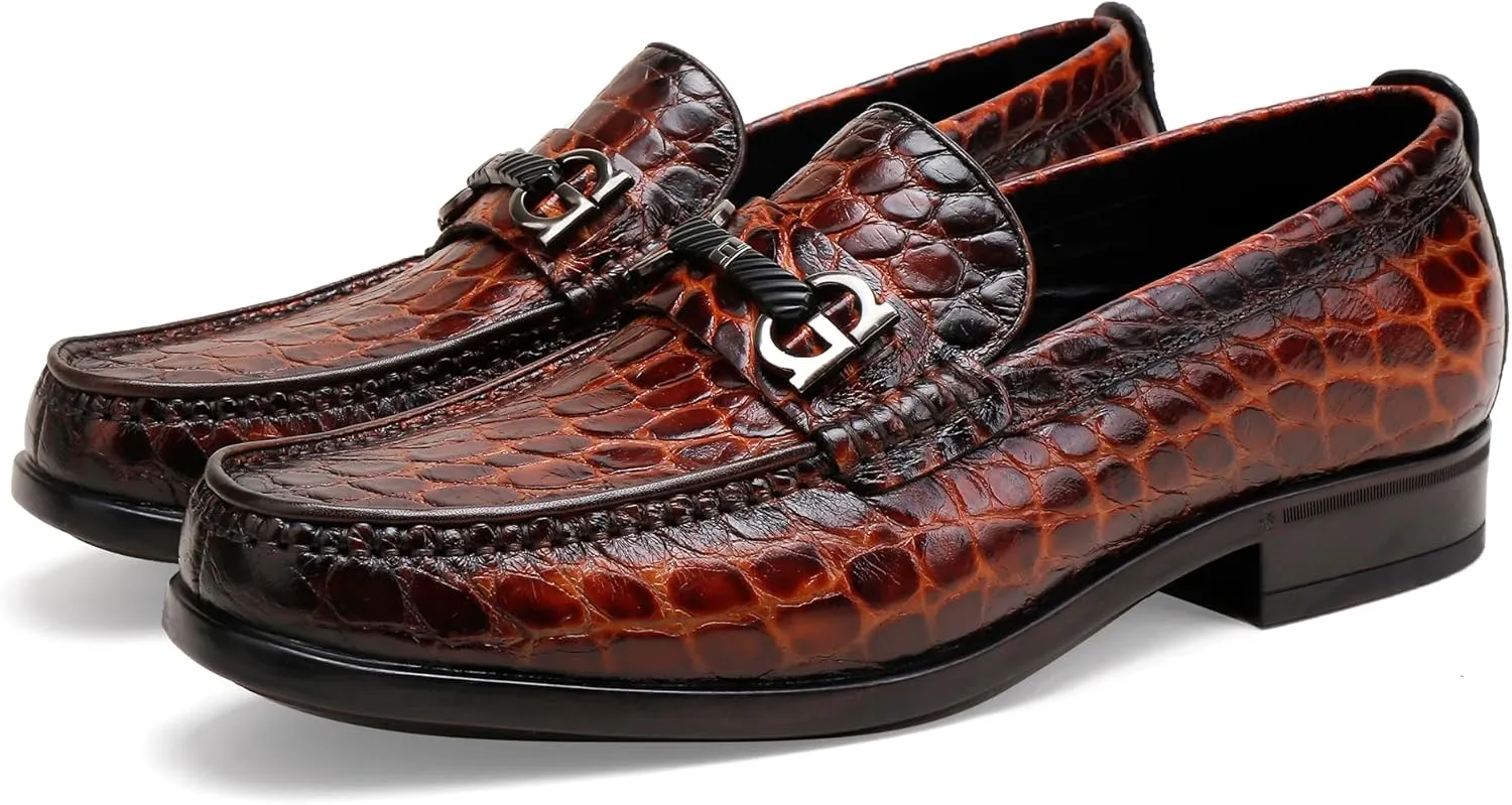 Classic Mens Leather Dress Shoes, Premium Fashion Alligator Printed Business Dress Shoes Moc-Toe Buckle Wedding Party Loafers for Men