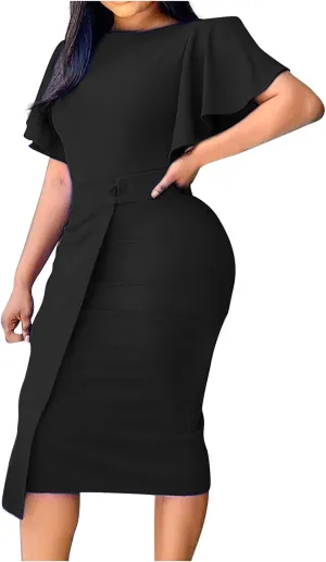 Cocktail Dresses for Women Plus Size Petal Sleeve Empire Waist Ruched Bodycon Dress Sexy Elegant Club Party Dresses