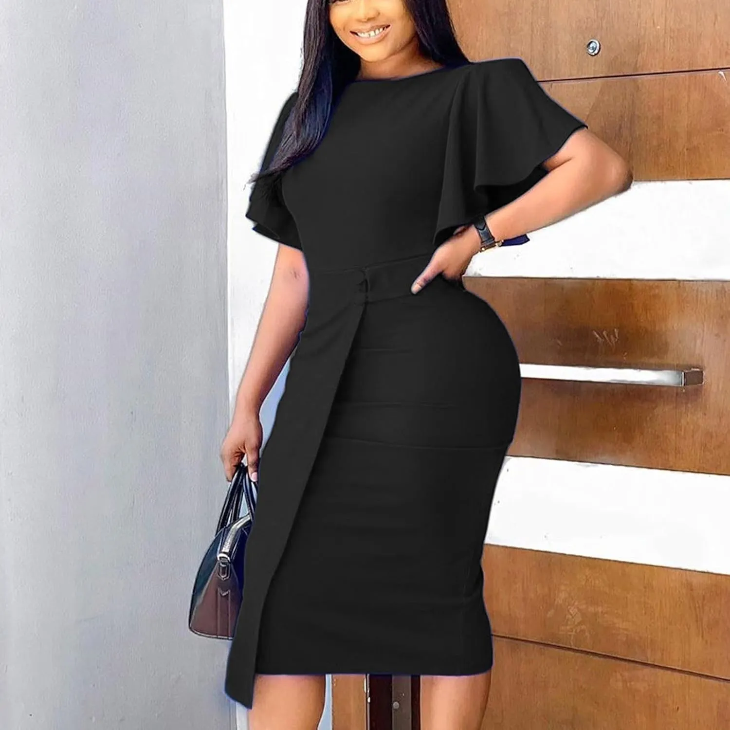 Cocktail Dresses for Women Plus Size Petal Sleeve Empire Waist Ruched Bodycon Dress Sexy Elegant Club Party Dresses