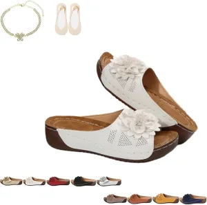 Comfortable Non-Slip Solid Color Open-Toe Wedge Sandals for Women, Women's Lightweight Flowers Open Toe Sandals, Mesh Slip-on Wide Casual Slip Arch Support Orthopedic Slides